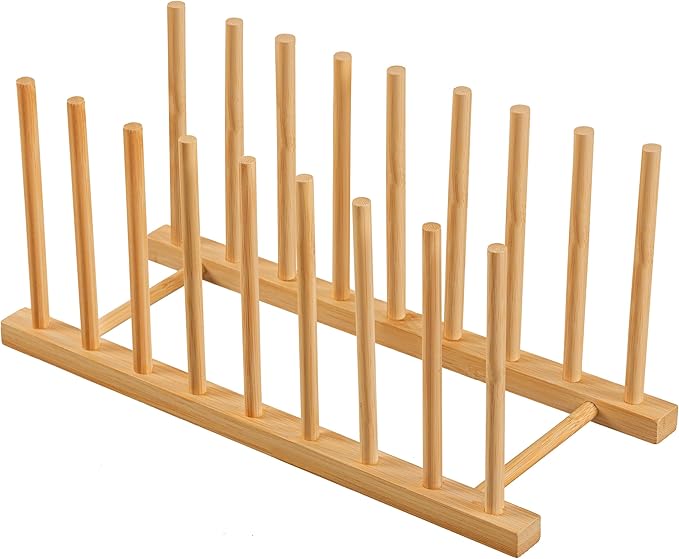 HBlife Heighten and Widen Bamboo Dish Dying Rack Pot Lid Plate Organizer Holder for Cabinet, Cutting Board Stand Drainer Storage Plate Rack for Dish, Pot Lid, Bowl, Cup, Cutting Board and Books