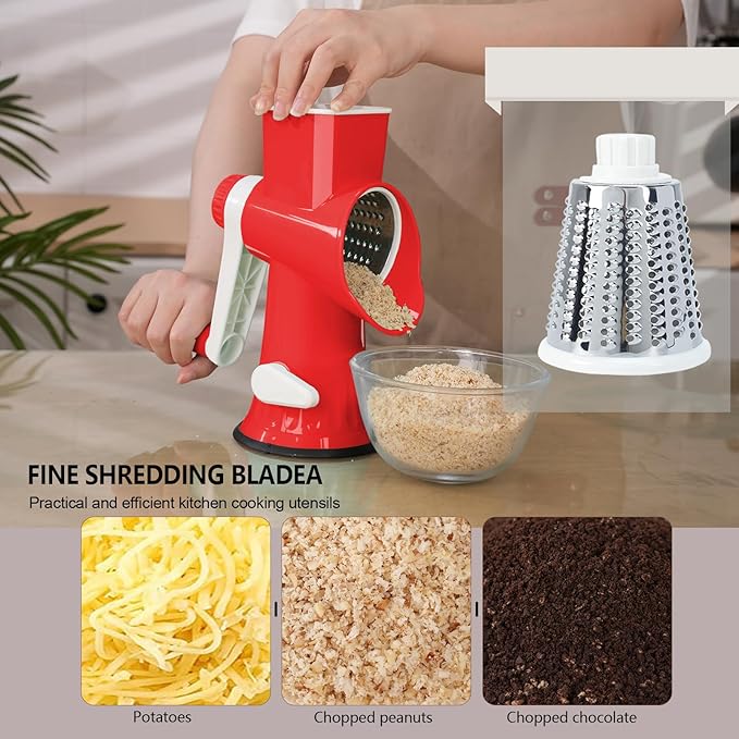 Rotary Cheese Grater with Handle-Versatile Cheese Grater Non-Slip Suction Base,Cheese Shredder & Food Slicer for Cheese,Carrots, Cucumbers,Nuts-Compact & Easy Clean Kitchen Kitchen Tool (red)