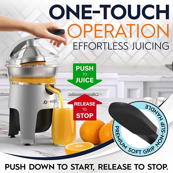 Eurolux Die Cast Stainless Steel Electric Citrus Juicer Squeezer, for Orange, Lemon, Grapefruit | 300 Watts of Power, With 2 Stainless Steel Filter Sizes for Pulp Control