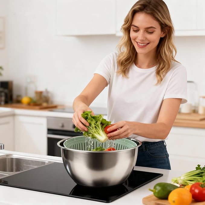 5.3Qt Stainless Steel Salad Spinner,Lettuce Spinner with Non-Slip Base,Multifunctional Design with a Crank,A Variety of Blades Make it Easy to Chop, BPA Free,Dishwasher Safe, Non-Slip Base.