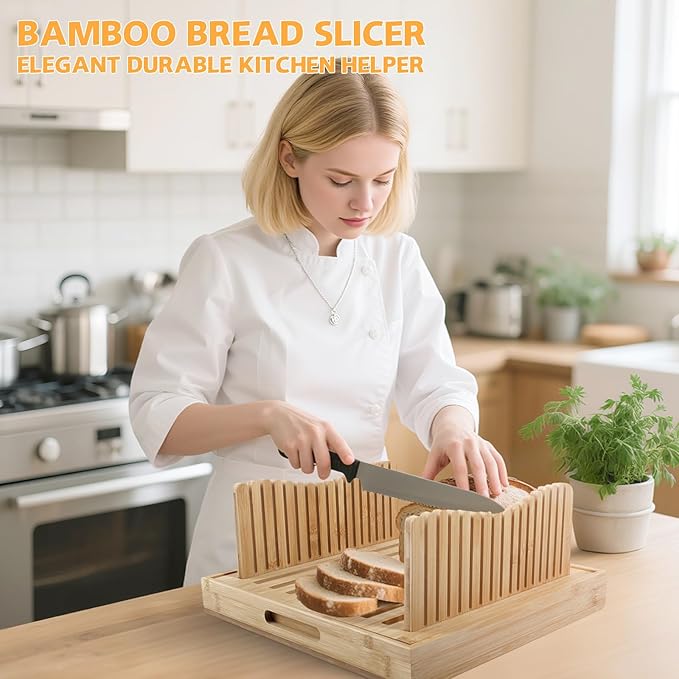 Foldable Bamboo Bread Slicer Tray with Crumb Collector & Adjustable Guide - for Perfectly Even Slices of Homemade, Sourdough & Sandwich Bread (Knife Not Included)
