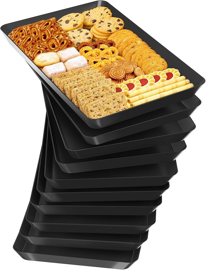 SpaceTrove 10-Pack Serving Tray Set, Reusable Plastic Serving Platter for Party Supplies, Entertaining, Grilling Accessories, Stackable Kitchen Snack Container for Dessert, Fruit, Cookie, (Black)