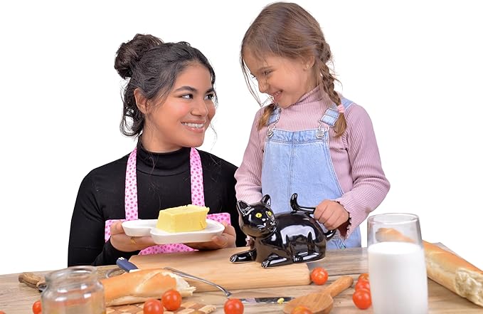 Black Cat Butter Dish with Lid – Ceramic Butter Holder, Porcelain Butter Container – Cute Cat Kitchen Decor – Dishwasher & Microwave Safe – Fits 7.8 x 4.7 Inch Butter Stick