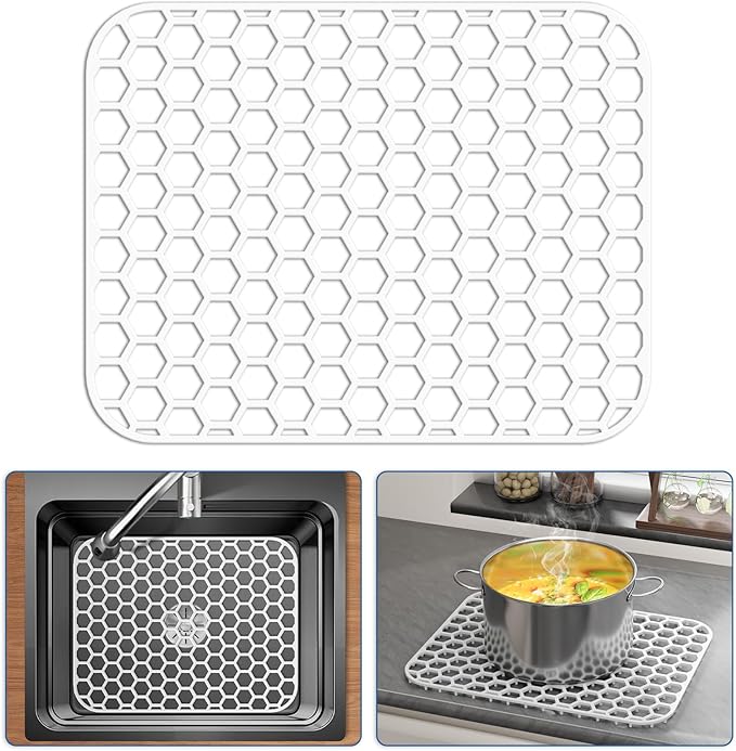 Bestjing Silicone Sink Protectors for Kitchen Sink - 16.65"x12.2" Kitchen Protector Accessory, Non-Slip Heat Resistant Mat for Bottom of Farmhouse Porcelain Stainless Steel (White)