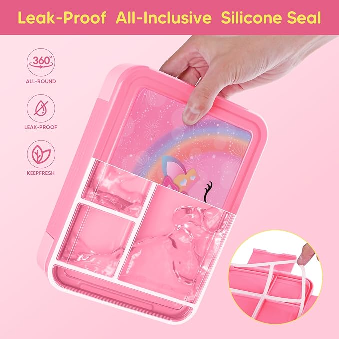 JYPS Bento Box for Kids,Leak-Proof Kids Lunch Box with 6 Compartments,Sauce Container,Utensils,BPA Free Microwave/Dishwasher Safe Lunch Container for Girls and Toddlers Back to School-Pink K