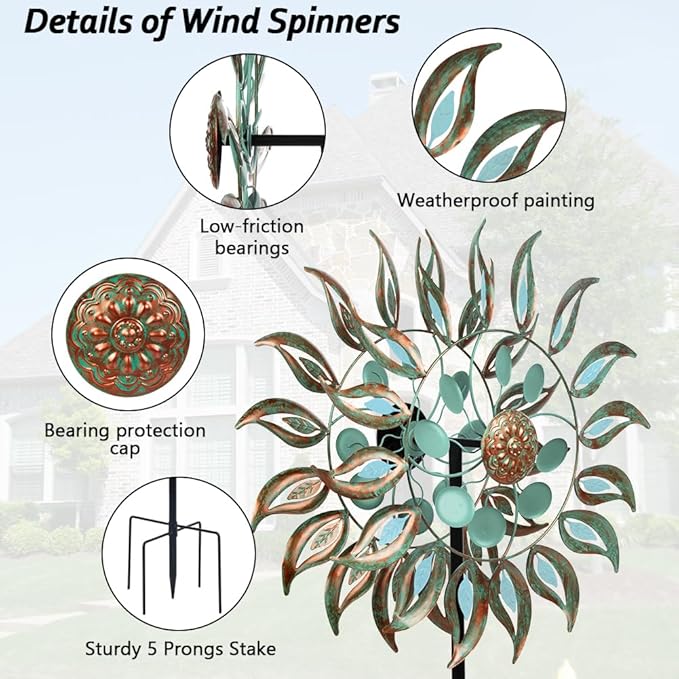 DREAMSOUL 24" Dia Large Wind Spinners Outdoor with 5 Prongs Stake, Metal Kinetic Wind Spinners for Yard and Garden
