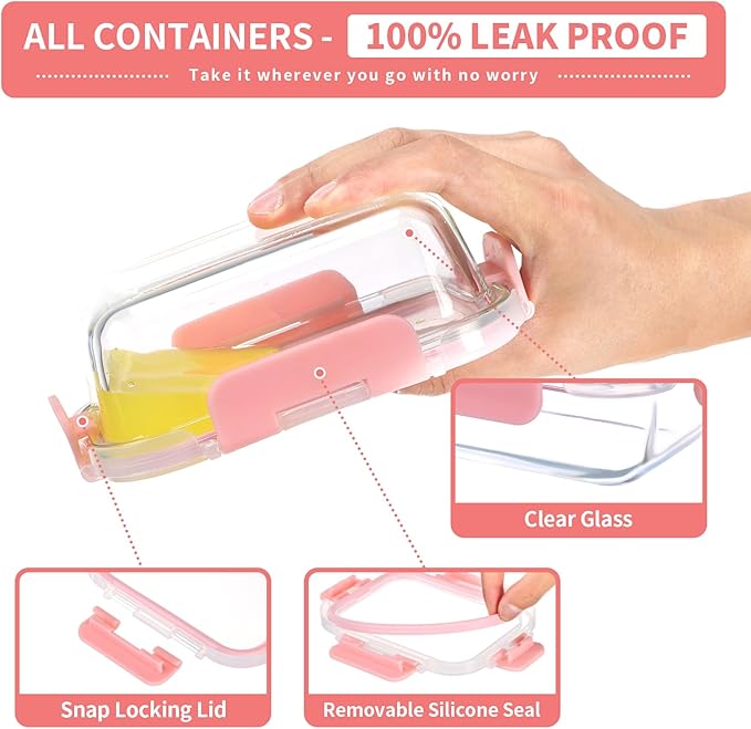 GULFLIN Glass Meal Prep Containers 12-Pack, 22oz Glass Food Storage Containers with Lids, Air-Tight, Leak-Resistant, Freezer to Microwave Safe-Pink Set