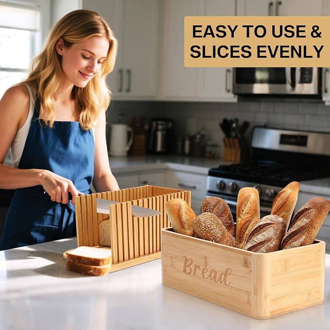 Bread Box with Bread Slicer Storage Container for Kitchen Countertop Food Storage with Multifunction Bamboo Lid, 3 in 1 Breadbox Removable Cut Board for Loaf Slicing (Wood Color,Wooden, Bamboo)