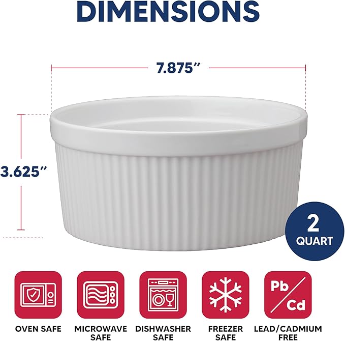 HIC Kitchen Souffle, Fine Porcelain, For Baking Souffles, Casseroles, Side Dishes, And Desserts, 64-Ounce (2-Quart) Capacity