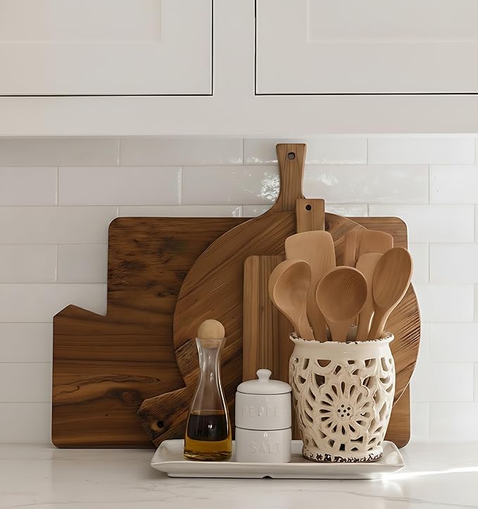 Farmhouse Kitchen Utensil Holder for Kitchen Counter, Ceramic Large Cooking Utensil Crock with Cork Mat, Decorative Rustic Utensil Organizer for Countertop, Spatula, Antique Beige