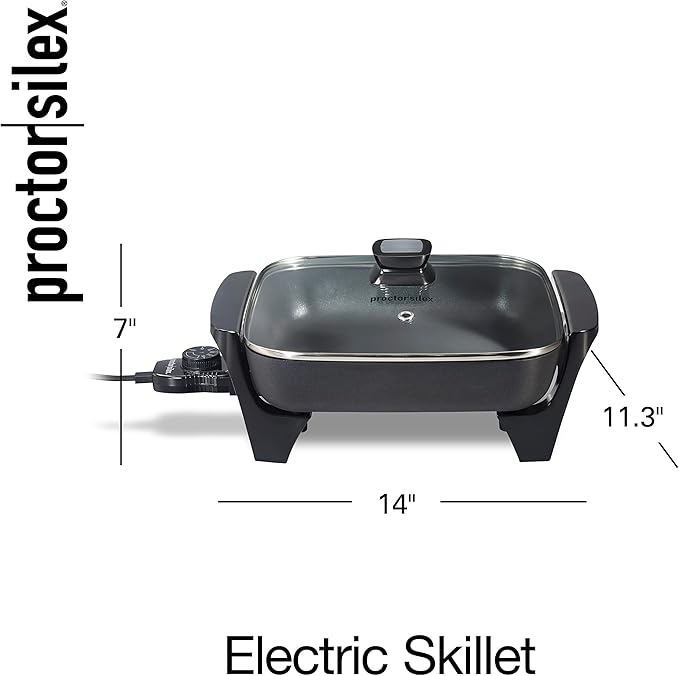 Proctor Silex Electric Skillet with Lid, 116 sq. in. Nonstick Cooking Surface for Frying, Sauteing, Simmering and Braising, Adjustable Temp 200° to 400° F, Black (38526PS)