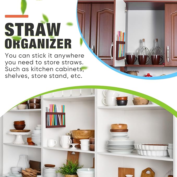 Qinyoung Acrylic Straw Holder for Cabinet Door with Double Sided Adhesive Tape Reusable Straw Organizer Tumbler Storage Kitchen Accessories Container for Counter Cupboard(Classic,Large,Brown)