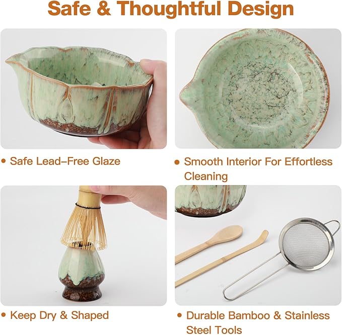 Matcha Whisk Set, Matcha Set with Bowl & Chasen & Chasen Holder, 8 Pcs Macha Kit Gift for Macha Lovers, Family, Friend（Green）