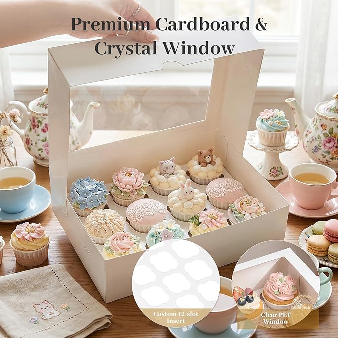 VGOODALL 2PCS White Cupcake Container, 12 Count with Window Boxes Holding 24 Pastry Box for Birthday Holiday Party Bakery Supplies