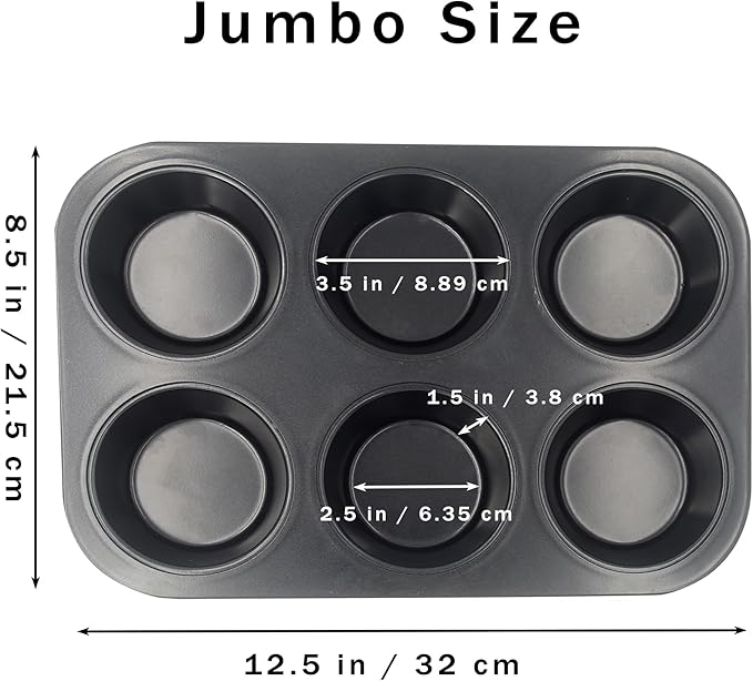 Non-Stick Jumbo Muffin Pans, 6-Cup Set of 2 Baking Pans with a Spatula for Extra-large Muffins & Cupcakes