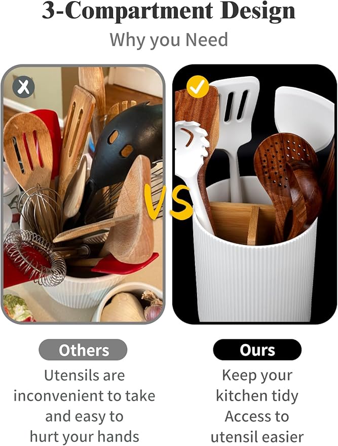 LoeJan 7.5" Utensil Holder, 3 Compartment Ceramic Kitchen Utensil Holder with Cork Bottom, Large Utensil Crock for Countertop, Cooking Tool Organizer Set for Kitchen Counter(White,Vertical Stripe)