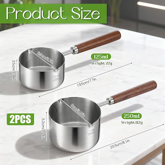 2 Pcs 18/10 Stainless Steel Butter Warmer Measuring Pan 8.5 oz and 4.2 oz Milk Coffee Chocolate Butter Melting Pot with Dual Pour Spout and Wooden Handle for Induction Cookers and Gas Stoves