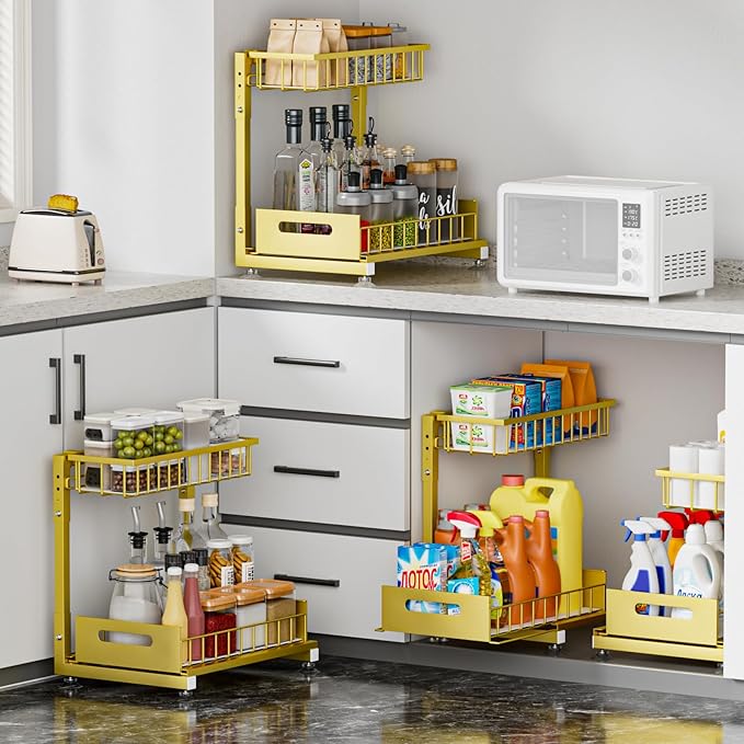 L-Shaped Under Sink Organizer, 2-Tier Pull Out Metal Kitchen Cabinet Organizer with Sliding Storage Drawer, Height Adjustable Heavy Duty Under Bathroom Sink Storage for Cleaning Supplies 1 Pack
