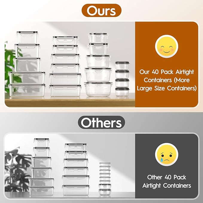 40 PCS Food Storage Containers with Lids Airtight (20 Containers & 20 Lids), Leak proof Meal Prep Container Set for Kitchen Storage, BPA-free, PVC-free Plastic, Microwave/Dishwasher Safe, Labels & Pen