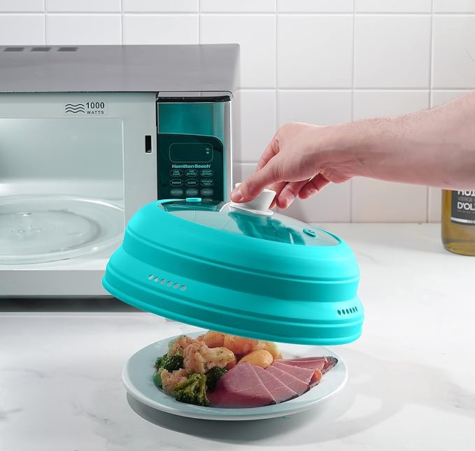 Microwave Splatter Cover, Microwave Cover for Food, Collapsible Plate Cover Lid with Easy Grip Handle, Safe Tempered Glass and Silicone, Pot Cover, Splatter Cover Guard - Large 12”