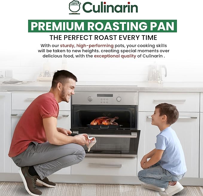 Roasting Pan With Rack 11" x 15" - Non Stick Large Roaster Pan and V-rack with foldable handles - Roasting Pans for Ovens to Elevate Food for Even Heating - Dishwasher Safe Turkey Roast Pot