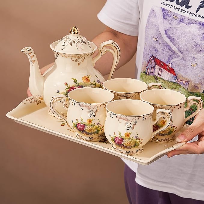 YOLIFE Ceramic Tea Serving Tray, Floral with Gold Leaves Trim Decorative Platter for Tea Party - 13.5 x 7.5 inch