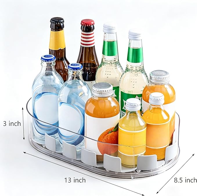 Lazy Susan 360°Rotating Organizer for Refrigerator,13.5“ x 8.5”,Drink Organizer for Fridge,Cabinet, Pantry,or Kitchen Countertop,Organize Condiments, Cans, Beverages,Clear+White,1 Pack