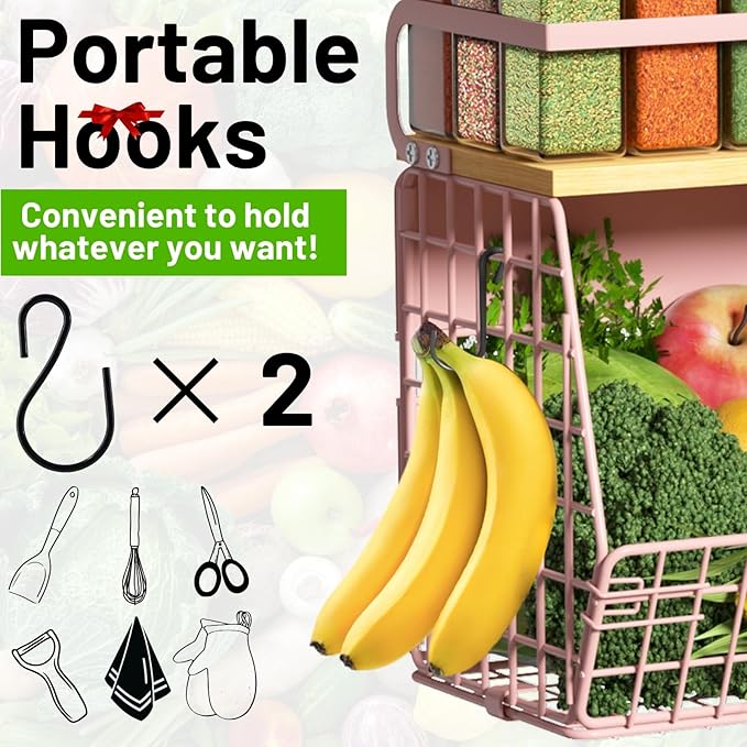 Magnetic Shelf for Fridge with Wood Lid, Fruit Potato and Onion Storage Bins, Pantry Organizers & Storage, Large Container Magnetic Spice Rack for Refrigerator, Kitchen Counter, Cabinet (Pink, 2)