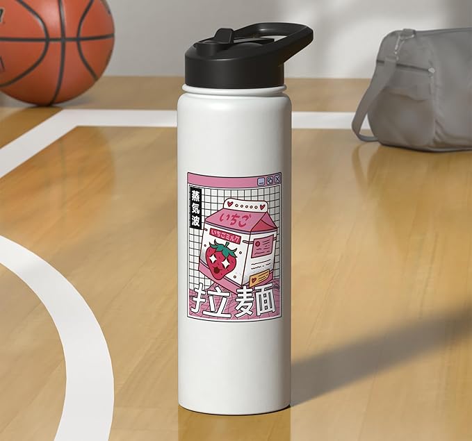 Strawberry Milk Carton Kawaii Grid Vaporwave Aesthetic Anime Stainless Steel Insulated Water Bottle