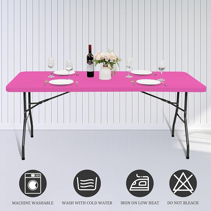 6 Pack Fitted Tablecloth for 6 Foot Rectangle Tables, Hot Pink Elastic Outdoor Picnic Table Cover, Washable Stretch Folding Table Cloths 6 ft for Camping Party Patio Kitchen Banquet, 30" W x 72" L