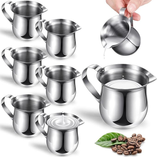 Potchen 6 Pack Stainless Steel Bell Creamers 3 Ounce Creamer Pitcher Mini Coffee Milk Pitchers with Handle and Pouring Spout Cups for Serving Espresso, Tea, Milk, Maple Syrup, Sauce