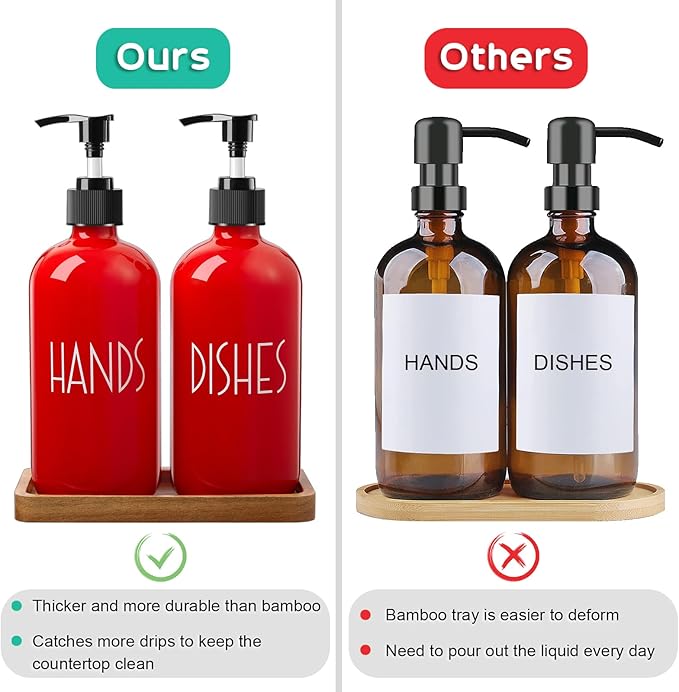 ALELION Red Dish Soap Dispenser for Kitchen - 16 OZ Glass Hand Soap Dispenser Set with Pump and Acacia Wood Tray - for Red Kitchen Decor or Accessories
