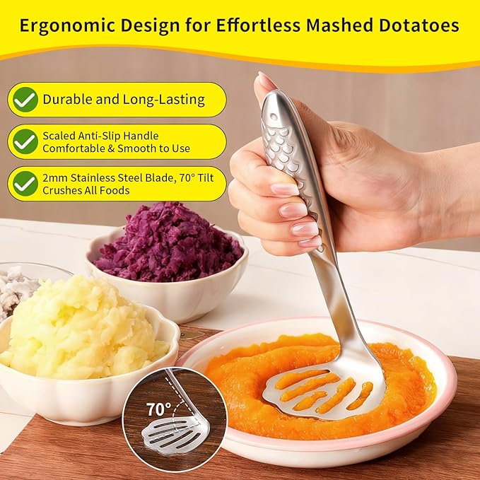 Fish-Shaped Potato Masher & Potato Smasher – Effortless Stainless Steel Potato Ricer with Ergonomic One-Piece Non-Slip Handle, Break-Resistant Masher Kitchen Tool for Potatoes, Avocados, Eggs & More