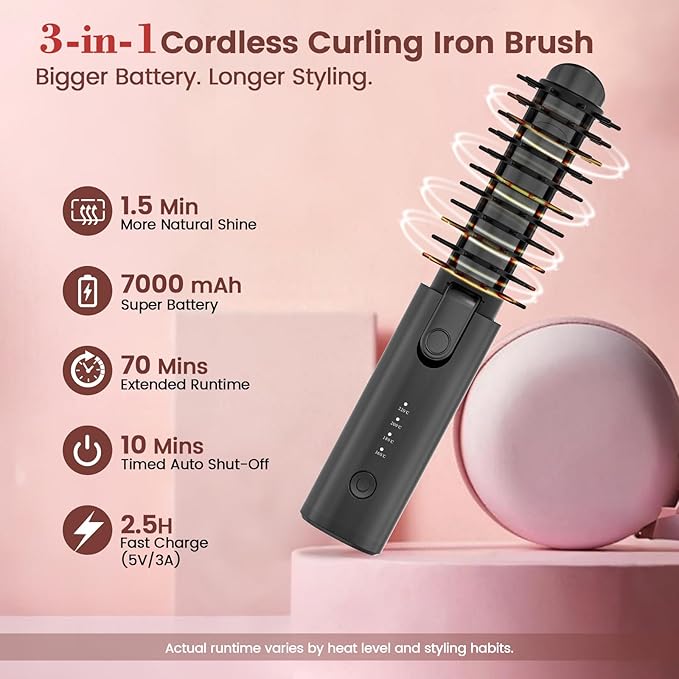 Youbella Cordless Hair Curling Iron Brush, Portable Travel Hair Curler, Mini 1.5″ Heated Round Brush, 3-in-1 USB Rechargeable Straightening Wand for Styling & Smoothing, 200 Million Ionic Care, Black