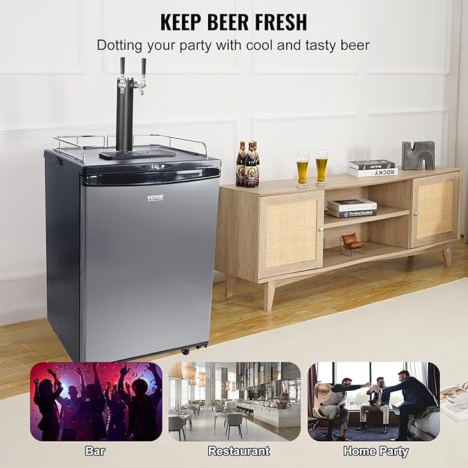 VEVOR Beer Kegerator, Dual Tap Commercial Draft Beer Dispenser for D system, Full Size Keg Refrigerator with 5lbs CO2 Tank, Hold 2 Sixth / 3 Ball lock keg, Silver