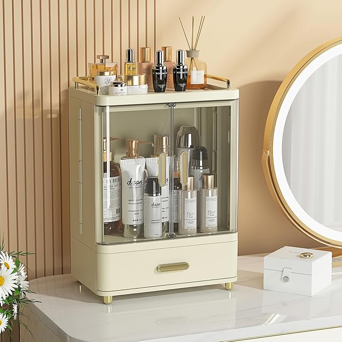 Webetop Cosmetic Organizer Countertop, Makeup Storage Organizers with Drawers & Magnetic Doors, 15.3" Tall Skincare Organizer for Vanity, Bathroom Counter, Dresser, Dustproof Make up Organizer