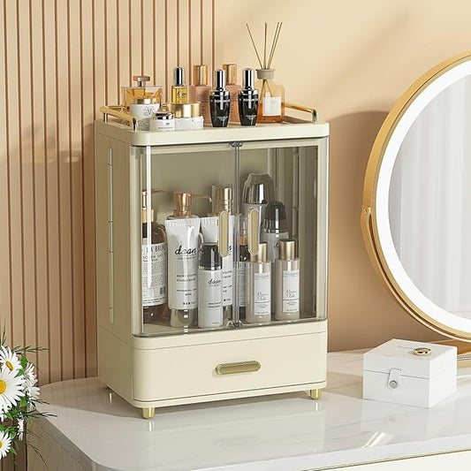 Webetop Cosmetic Organizer Countertop, Makeup Storage Organizers with Drawers & Magnetic Doors, 15.3" Tall Skincare Organizer for Vanity, Bathroom Counter, Dresser, Dustproof Make up Organizer