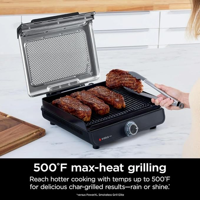 Ninja Sizzle GR100 Smokeless Indoor Grill, 500°F High Heat Kitchen Grill with Nonstick 14-Inch Plate, Low-Smoke Technology, Edge-to-Edge Heating, Family-Sized Capacity, Countertop Cooking Tool