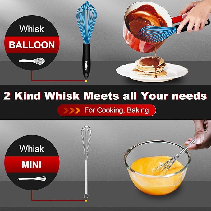 Walfos Silicone Whisk, Sturdy Stainless Steel Wire Kitchen Whisks, Heat Resistant up to 480℉ Whisk For Cooking Non Scratch, Multicolor 5+7+9+11in Whisks & 5+7in Mini Wisk, Great for home baking.