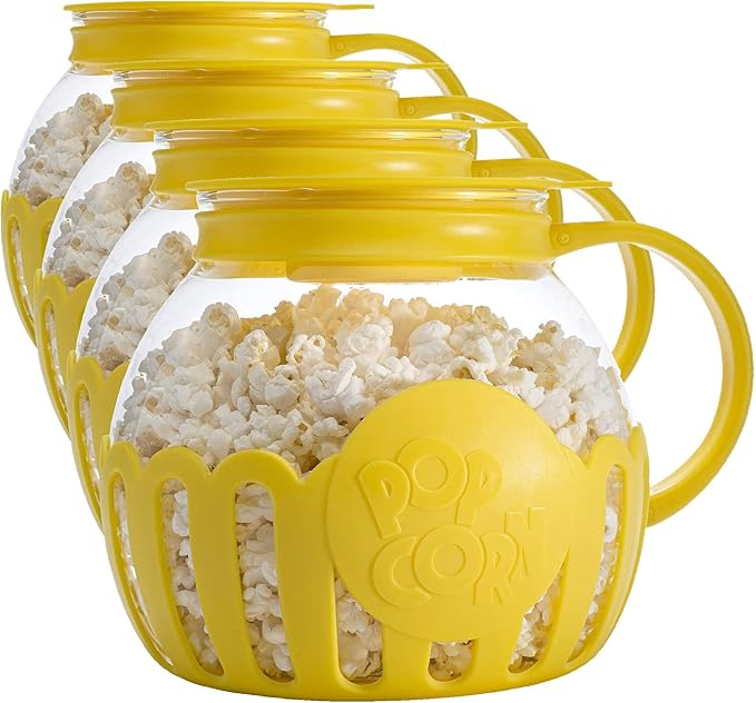 Ecolution Patented Micro-Pop Microwave Popcorn Popper with Temperature Safe Glass,3-in-1 Lid Measures Kernels and Melts Butter,Made Without BPA,Dishwasher Safe,3-Quart,Yellow,(Pack of 4)