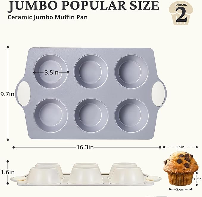 BRONYPRO 2-Pack 6-Cup Non Toxic Nonstick Ceramic Jumbo Muffin Pan & Cupcake Tin, PFOA & PFOA Free, Heavy Duty Rust-Resistant Aluminized Steel, Oven Safe, Cream White