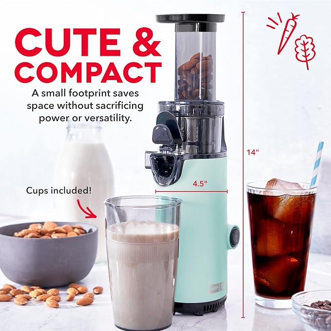 Dash Deluxe Compact Cold Press Juicer - Slow Masticating Juicer Machine for Fruits and Vegetables with Frozen Attachment - Easy to Clean Juice Press for Home Countertops - Aqua