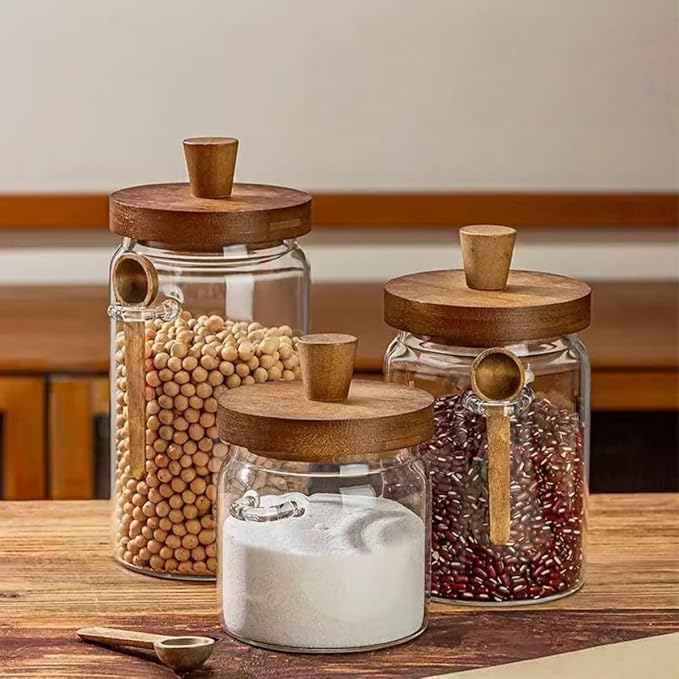 ANSQU Glass Jars with Wooden Lids and Spoons (13.5oz/20.3oz/27oz), Set of 3 Glass Food Storage Containers Coffee Jar Coffee Grounds Container, Glass Food Storage Canisters