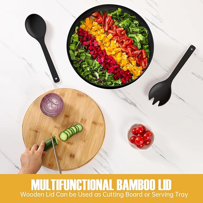 12.6" Extra Large Salad Bowl with Lid, 8.4QT Nature Bamboo Fiber Mixing and Serving Bowl with Lid, Spoon and Fork for Fruits,Salads and Vegetables (Black)