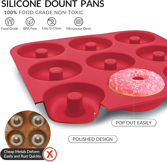Large Silicone Donut Pan for Baking, 9 Cavity Non-Stick Food Grade Silicone Donut Molds, Doughnut Pan and Bagel Pans for Baking & Kitchen, BPA Free 11.2 x 11.1 Inches, Dishwasher Safe - Bright Red