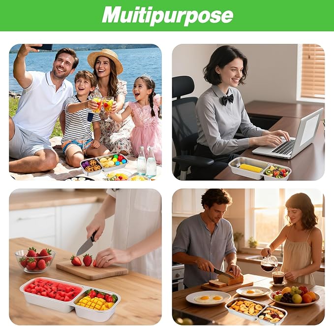 Stainless Steel Snackle Container For Adults, Reusable Bento Lunch Box Snack Containers, 2 Compartment Divided Food For Home Work Travel