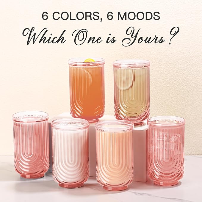 JOVGANK Pink Vintage Glassware Set of 6-17Oz Pink Water Drinking Glass, Art Deco Ripple Highball Glass, Whiskey Cocktail Glasses, for Bar Ice Coffee Juice, Housewarming Gifts and Mother's Day Gift