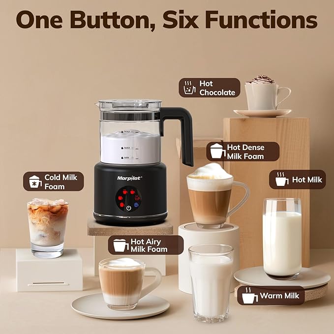 Large Electric Milk Frother and Steamer, 16.9oz/500ml Milk Steamer and Frother for Latte or Hot Chocolate, Dishwasher Safe, BPA Free, 6 Functions, Enjoy Perfect Milk Froth in 2 Min (Black-Glass)