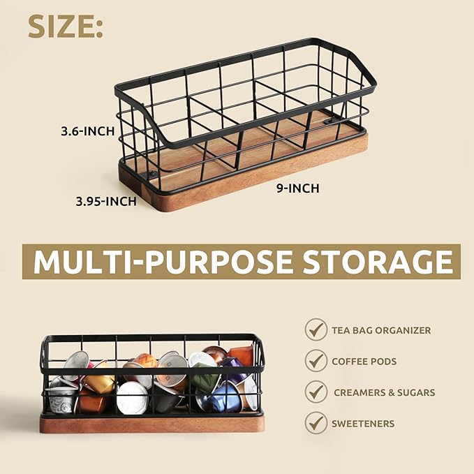 WILDMOS Tea Bag Organizer,Iron Wire Basket with Wooden Base.Tea Storage Containers with 3 Slots,Sugar Packet,Tea Bar Accessories for Countertop Cabinet Drawer.