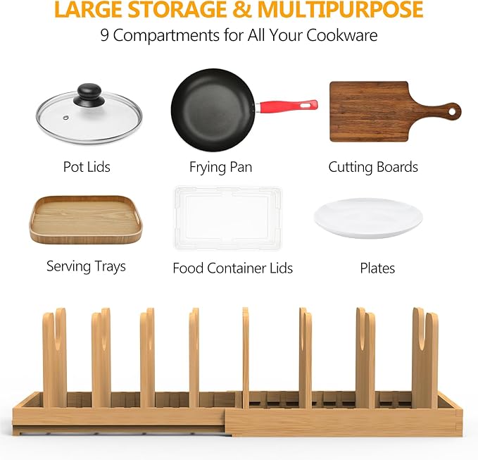 Expandable Pot Lid Organizer, Bamboo Pot and Pan Organizer for Under Cabinet, 16" to 28" Adjustable Length and 10 Dividers